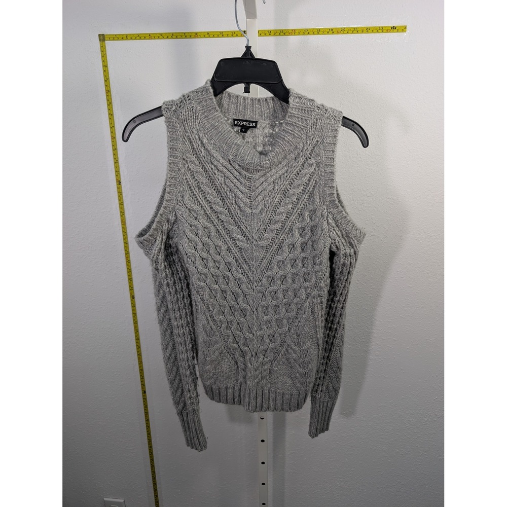 Express Womens Gray Cold Shoulder Cable Knit Mock Neck Sweater Size Small